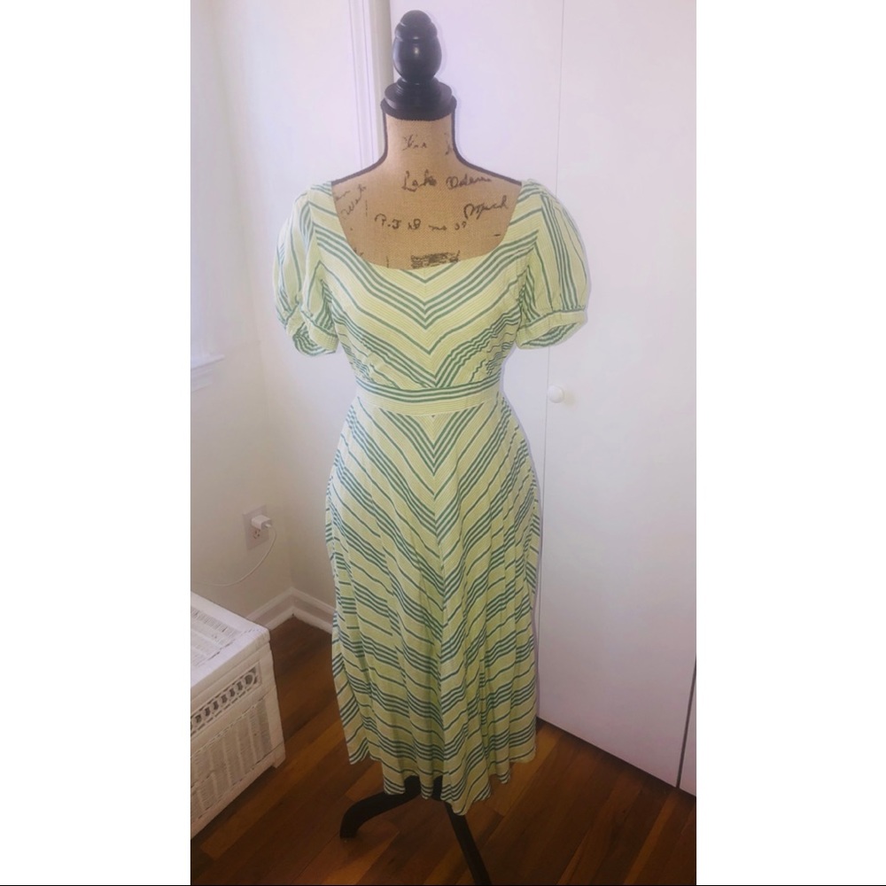 New York & Co Green Stripe Pattern Puff Sleeve Midi Dress, Defined Waist, Size S